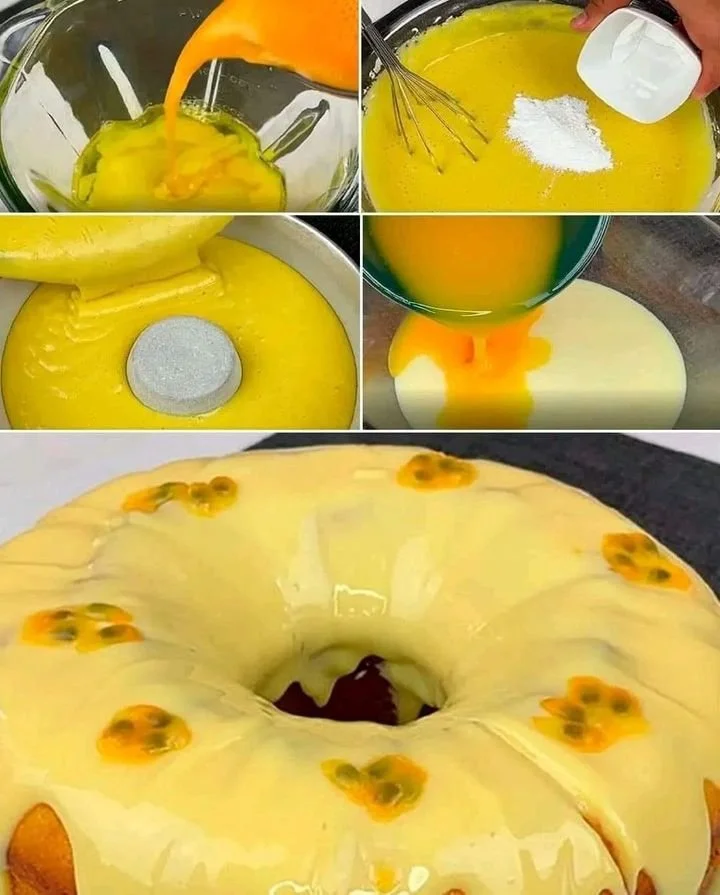 Bolo de Maracujá fresco e apetitoso decorado com maracujás cortados.